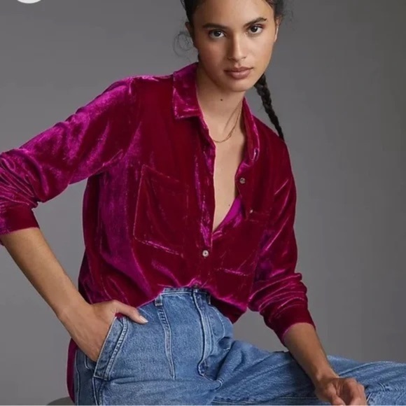 Pilcro Tops - Pilcro Anthropologie Fuchsia Crushed Velvet Long Sleeve Button Down Shirt Small